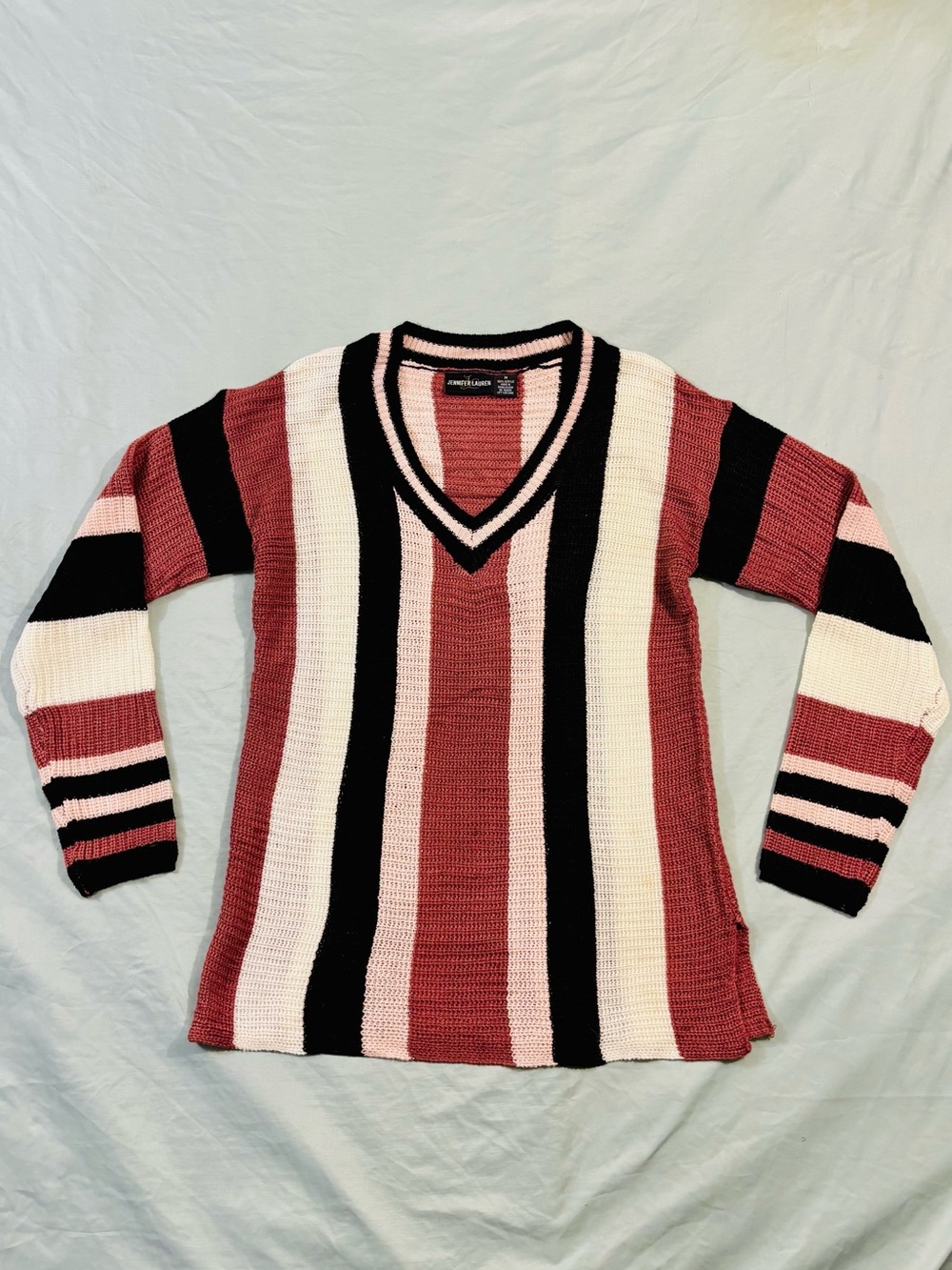 Jennifer Lauren Vertical Striped Sweater Size M V-Neck Tunic Knit Pink Black